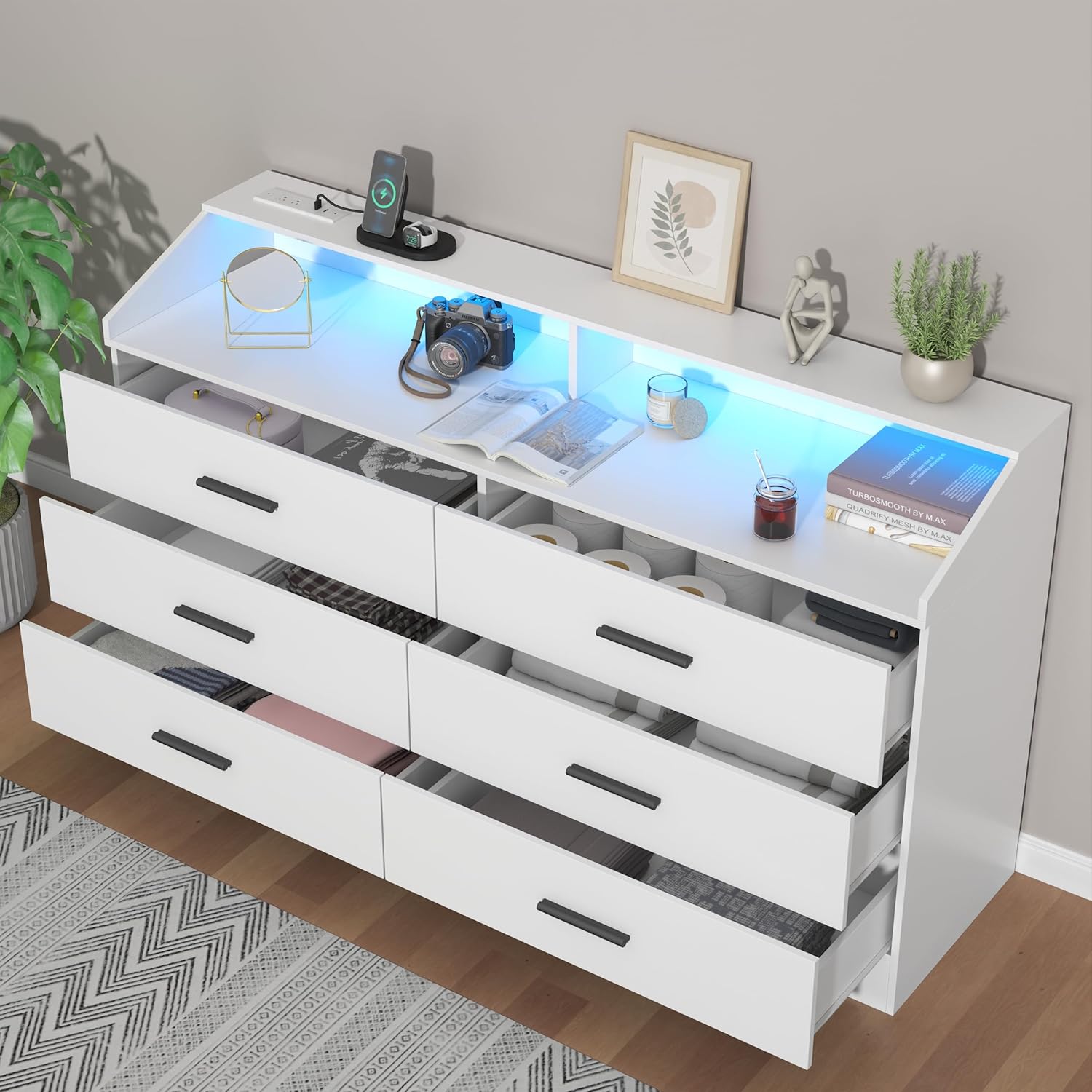 6 Drawer Dresser for Bedroom with Charging Station, Dresser with LED Light, Chest of Drawers for Closet, Modern Dressers with Open Storage Cubby, Double Wide Dressers (White, 6 Drawers)