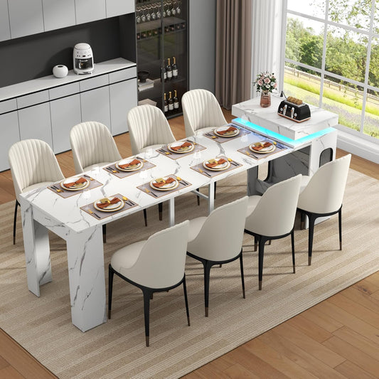 Extendable Dining Table with Charging Station & LED Lights, 19.7" to 98.4" White Faux Marble Dining Table, Rectangle Console Table for 2-8, Modern Space Saving Kitchen Island Table (No Chairs)