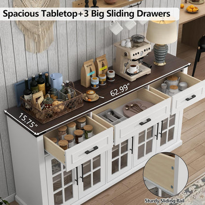 63" Large Buffet Sideboard Cabinet with Storage, Farmhouse Buffet Table with 3 Drawers & 5 Glass Doors, Modern Coffee Bar Wine Bar Cabinet with Adjustable Shelves for Kitchen, Dining Room, White