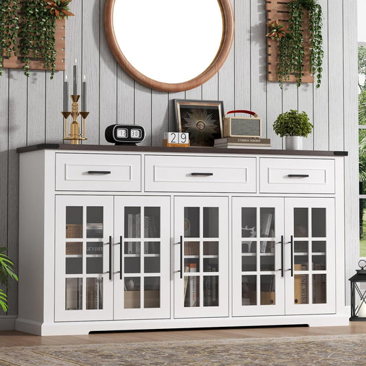 63" Large Buffet Sideboard Cabinet with Storage, Farmhouse Buffet Table with 3 Drawers & 5 Glass Doors, Modern Coffee Bar Wine Bar Cabinet with Adjustable Shelves for Kitchen, Dining Room, White