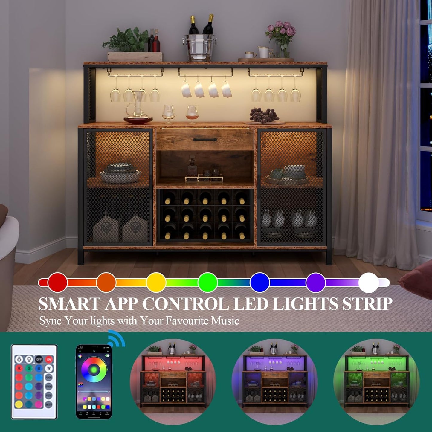 Wine Cabinet with Drawer, LED 55 Inches Industry Coffee Bar Cabinet with Wine Rack and Glass Goblet Holder, Kitchen Sideboard Buffet Cabinet for Liquor and Goblet (Rustic)