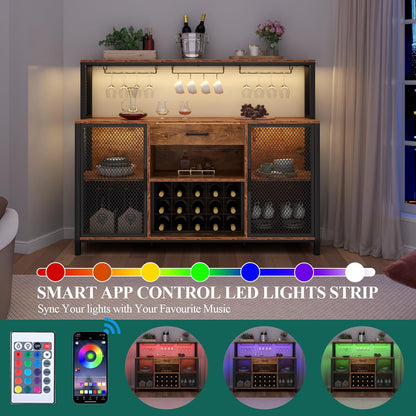 Wine Cabinet with Drawer, LED 55 Inches Industry Coffee Bar Cabinet with Wine Rack and Glass Goblet Holder, Kitchen Sideboard Buffet Cabinet for Liquor and Goblet (Rustic)
