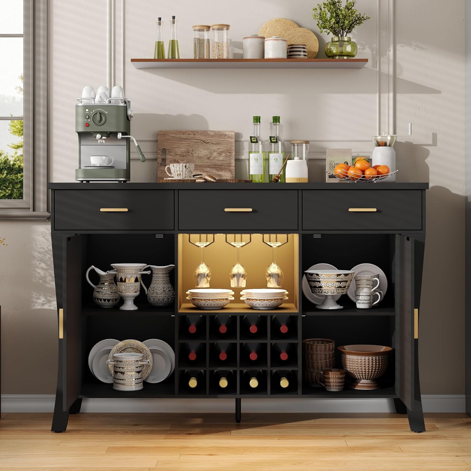 Wine Bar Cabinet with LED Light,Farmhous Liquor cabinet with Wine and Glass Rack,Coffee Station with Storage cabinet and 3 drawers,Buffet Sideboard with Arc Design for Kitchen,living room (Black)
