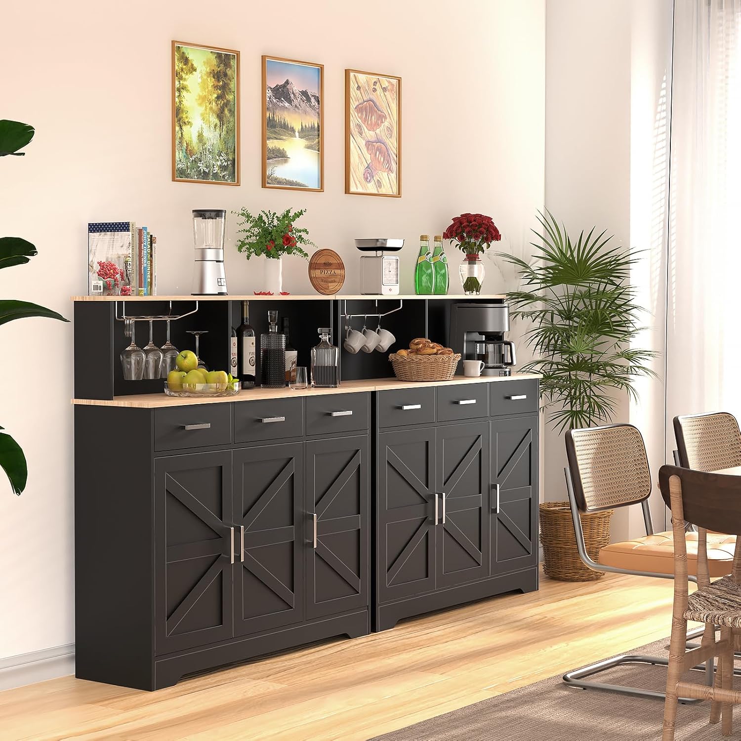 Buffet Cabinets with 3 Drawers, Farmhouse Sideboard Storage Cabinet with Goblet Holder, Large Coffee Bar with 3 Doors, Wood Buffet Table with Adjustable Shelf for Kitchen, Dining Room